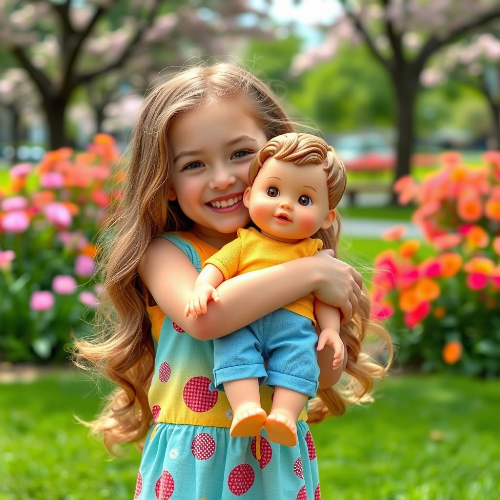 An 18-year-old girl is joyfully embracing a small, realistic-looking boy doll that is 20 centimeters tall