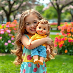 An 18-year-old girl is joyfully embracing a small, realistic-looking boy doll that is 20 centimeters tall