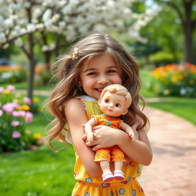 An 18-year-old girl is joyfully embracing a small, realistic-looking boy doll that is 20 centimeters tall