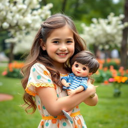 An 18-year-old girl is joyfully embracing a small, realistic-looking boy doll that is 20 centimeters tall