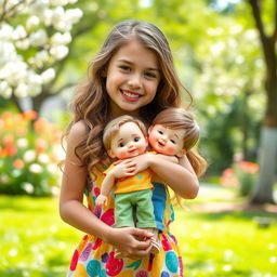 An 18-year-old girl is joyfully embracing a small, realistic-looking boy doll that is 20 centimeters tall
