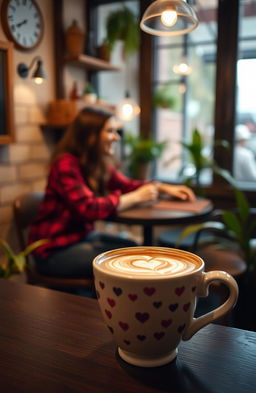 A charming cafe scene featuring a cup of coffee in the foreground, with the soft focus shadow of a teenage couple on a date in the background