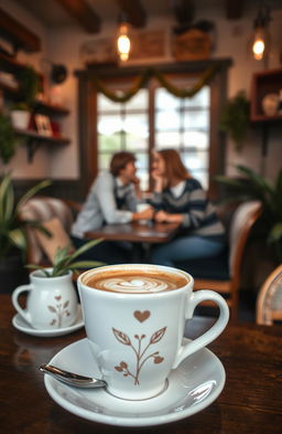 A charming cafe scene featuring a cup of coffee in the foreground, with the soft focus shadow of a teenage couple on a date in the background