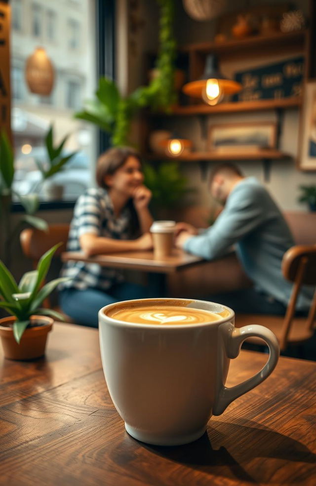 A charming cafe scene featuring a cup of coffee in the foreground, with the soft focus shadow of a teenage couple on a date in the background