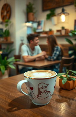 A charming cafe scene featuring a cup of coffee in the foreground, with the soft focus shadow of a teenage couple on a date in the background