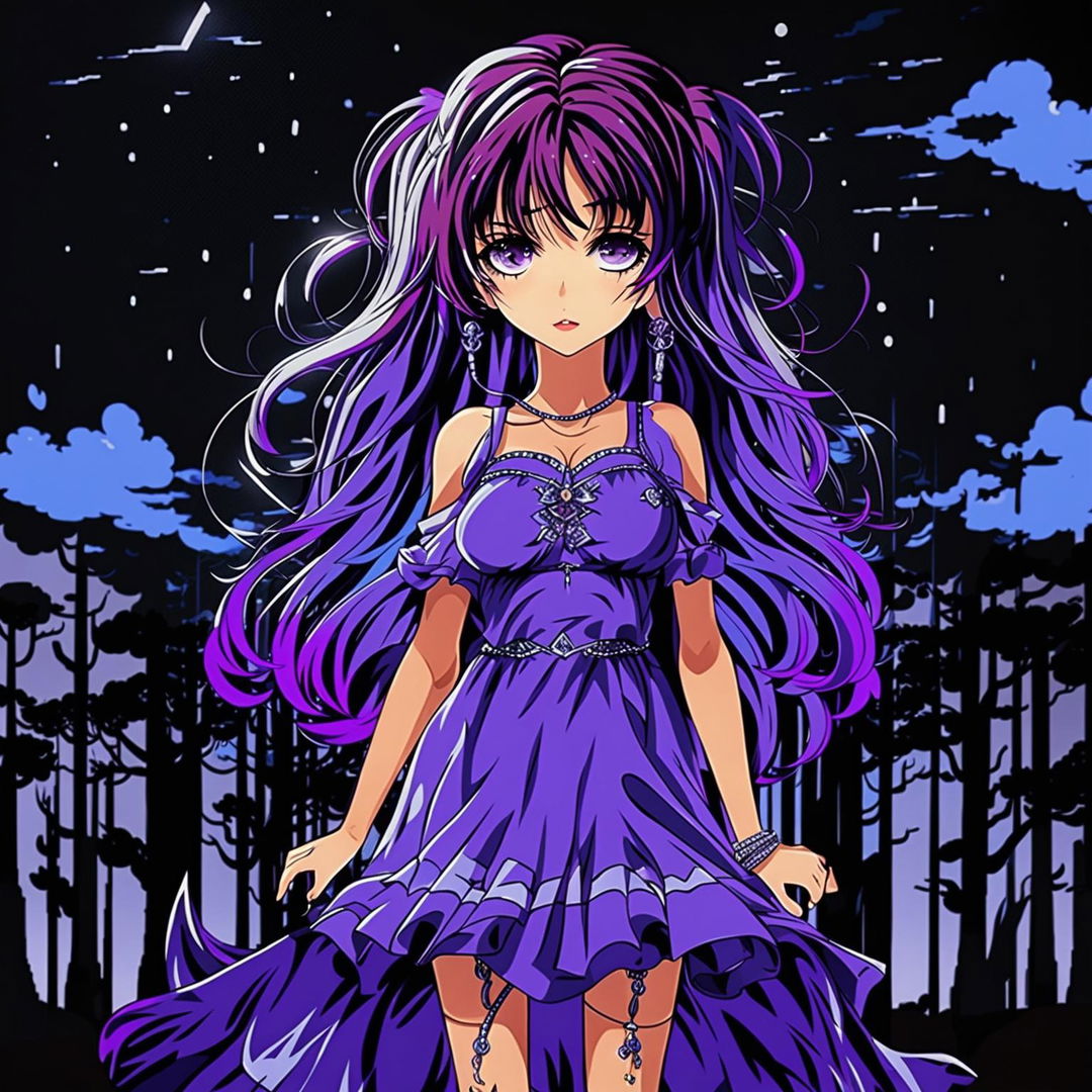 Anime art of a beautiful emo girl with midnight black hair streaked with purple and blue, dressed in an intricate nightlinen dress against a moonlit night backdrop.