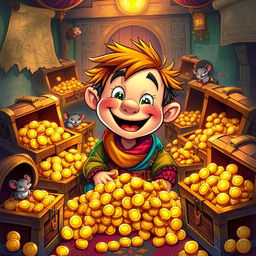 A whimsical illustration of a small, cheerful man, often referred to as a 'homenzinho', surrounded by numerous treasure chests overflowing with shiny gold coins