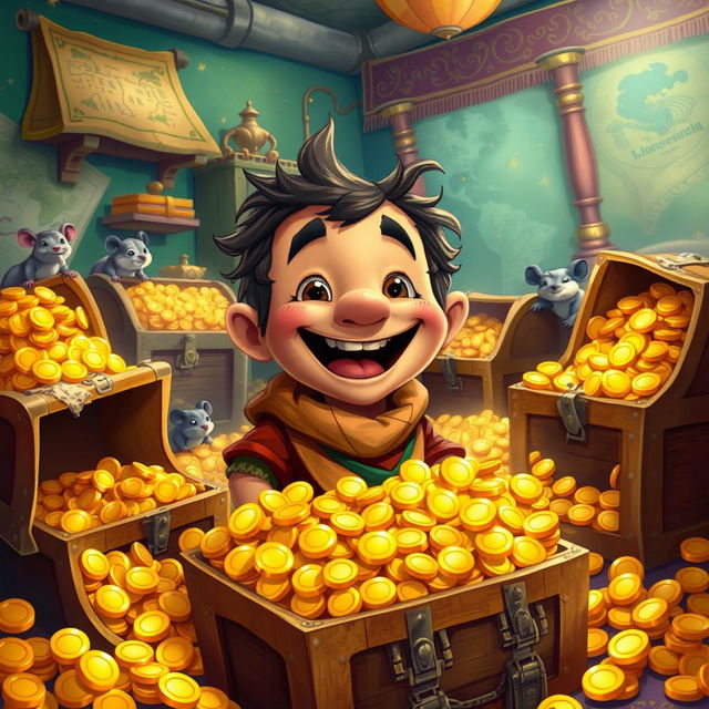 A whimsical illustration of a small, cheerful man, often referred to as a 'homenzinho', surrounded by numerous treasure chests overflowing with shiny gold coins