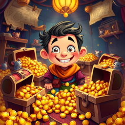 A whimsical illustration of a small, cheerful man, often referred to as a 'homenzinho', surrounded by numerous treasure chests overflowing with shiny gold coins