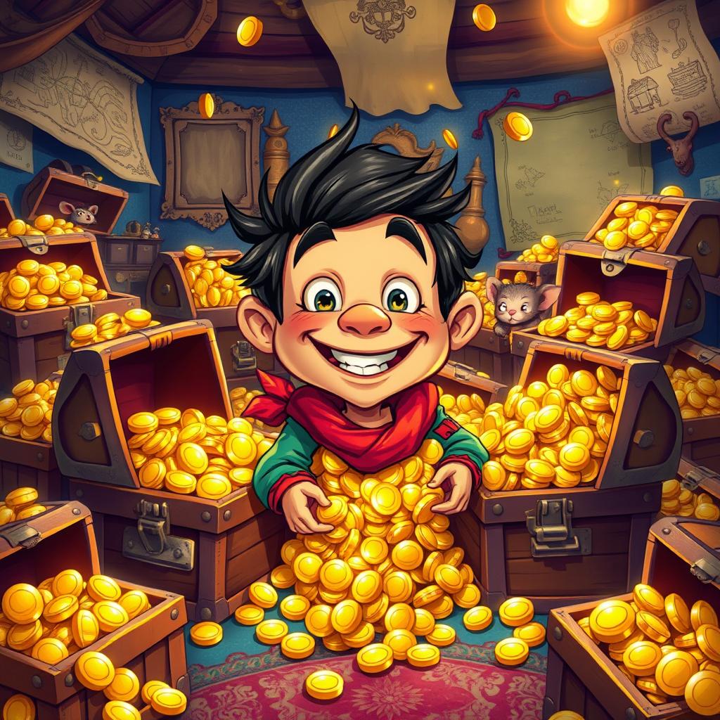 A whimsical illustration of a small, cheerful man, often referred to as a 'homenzinho', surrounded by numerous treasure chests overflowing with shiny gold coins