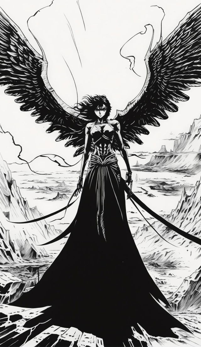 A raw sketch-style anime depiction of the antagonist from Berserk, a demon with a second form of a beautiful angel, standing in a hellish landscape surrounded by ominous clouds, jagged rocks, barren plains and a looming mountain range.