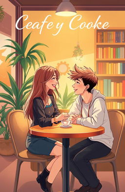 A book cover illustration featuring a cozy cafe scene with a table where a teenage couple is sitting, deep in conversation, sharing a cup of coffee