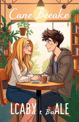 A book cover illustration featuring a cozy cafe scene with a table where a teenage couple is sitting, deep in conversation, sharing a cup of coffee