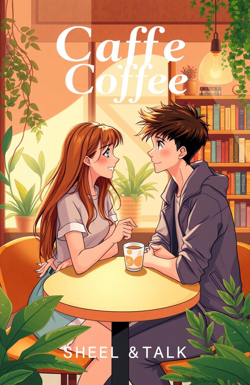 A book cover illustration featuring a cozy cafe scene with a table where a teenage couple is sitting, deep in conversation, sharing a cup of coffee