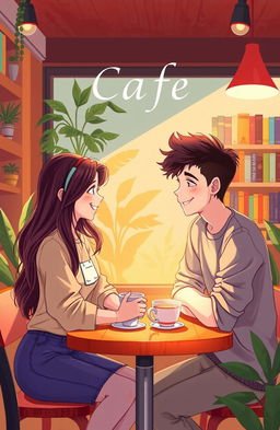 A book cover illustration featuring a cozy cafe scene with a table where a teenage couple is sitting, deep in conversation, sharing a cup of coffee