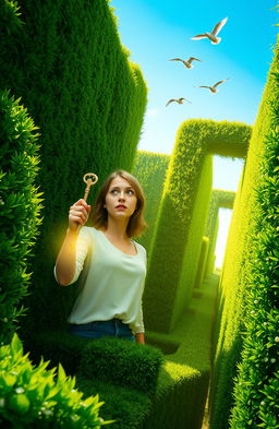 A young woman navigating a complex maze made of tall hedges, looking determined