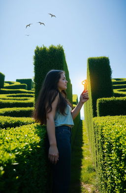 A young woman navigating a complex maze made of tall hedges, looking determined