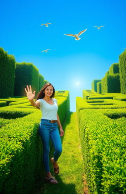 A young woman navigating a complex maze made of tall hedges, looking determined