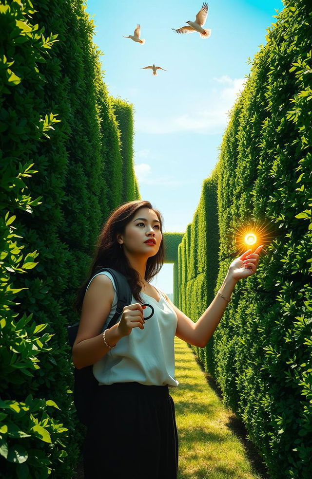 A young woman navigating a complex maze made of tall hedges, looking determined