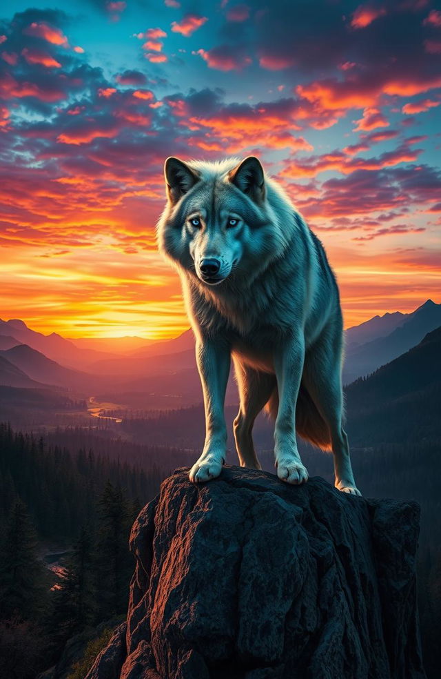 A powerful alpha wolf standing defiantly on a rocky cliff at sunset, overlooking a vast enchanted forest