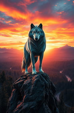 A powerful alpha wolf standing defiantly on a rocky cliff at sunset, overlooking a vast enchanted forest