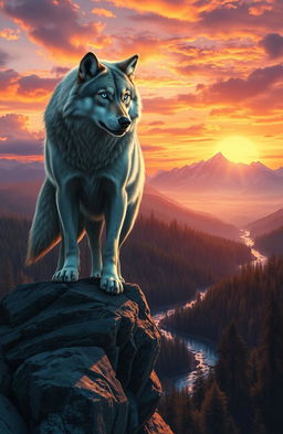 A powerful alpha wolf standing defiantly on a rocky cliff at sunset, overlooking a vast enchanted forest