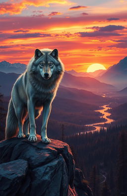 A powerful alpha wolf standing defiantly on a rocky cliff at sunset, overlooking a vast enchanted forest