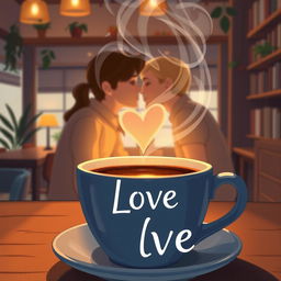 A book cover illustration featuring a close-up of a cup of coffee with a heart-shaped smoke rising from the surface, creating a romantic atmosphere