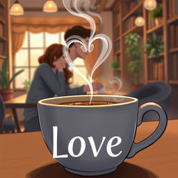 A book cover illustration featuring a close-up of a cup of coffee with a heart-shaped smoke rising from the surface, creating a romantic atmosphere