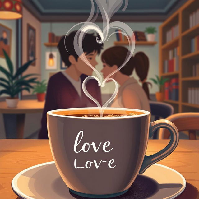 A book cover illustration featuring a close-up of a cup of coffee with a heart-shaped smoke rising from the surface, creating a romantic atmosphere