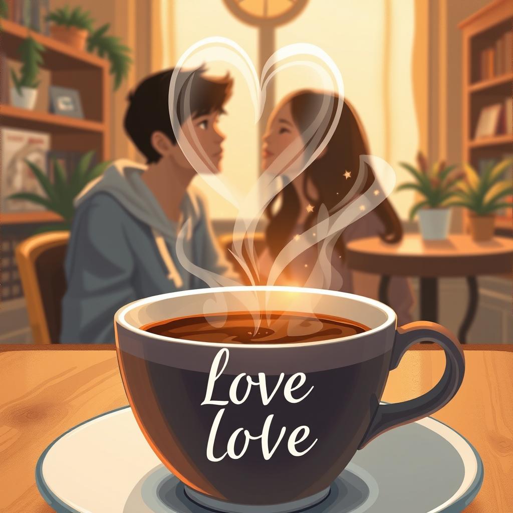 A book cover illustration featuring a close-up of a cup of coffee with a heart-shaped smoke rising from the surface, creating a romantic atmosphere