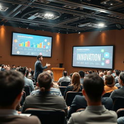 A dynamic and engaging presentation scene, featuring a confident speaker at a modern conference podium