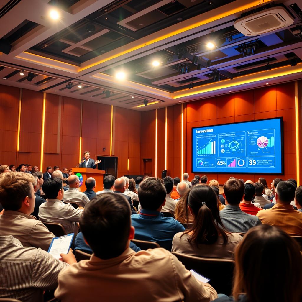 A dynamic and engaging presentation scene, featuring a confident speaker at a modern conference podium