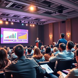 A dynamic and engaging presentation scene, featuring a confident speaker at a modern conference podium
