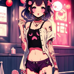 Anime grunge girl with face tattoos and lollipop standing in front of a night-lit bathhouse, dressed in star-reflecting night-linen.