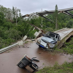 An SUV tossed about amidst the wreckage of a one-lane, road-level bridge that has been destroyed by a powerful flood.