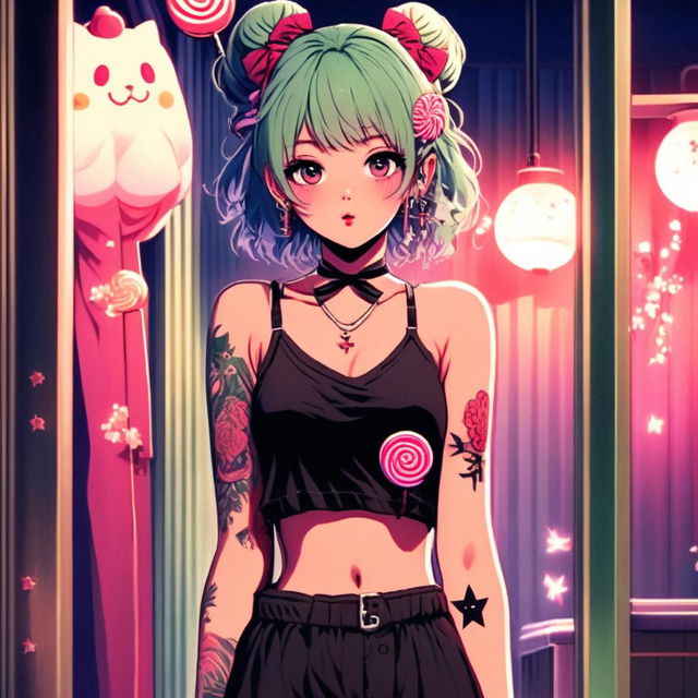 Anime grunge girl with face tattoos and lollipop standing in front of a night-lit bathhouse, dressed in star-reflecting night-linen.