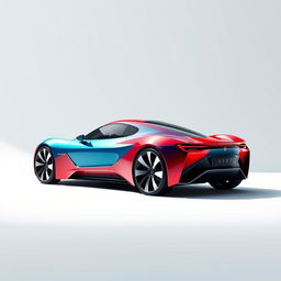A sleek and modern EvoDrive X1 car showcased on a plain, minimalistic background, featuring a vibrant combination of red, blue, and green colors on its exterior