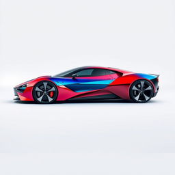 A sleek and modern EvoDrive X1 car showcased on a plain, minimalistic background, featuring a vibrant combination of red, blue, and green colors on its exterior