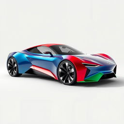 A sleek and modern EvoDrive X1 car showcased on a plain, minimalistic background, featuring a vibrant combination of red, blue, and green colors on its exterior