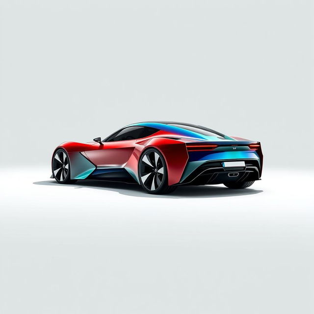 A sleek and modern EvoDrive X1 car showcased on a plain, minimalistic background, featuring a vibrant combination of red, blue, and green colors on its exterior