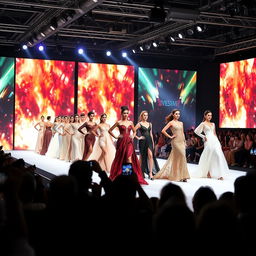A glamorous showcase event featuring elegant models presenting stunning fashion designs on a brightly lit stage