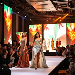 A glamorous showcase event featuring elegant models presenting stunning fashion designs on a brightly lit stage