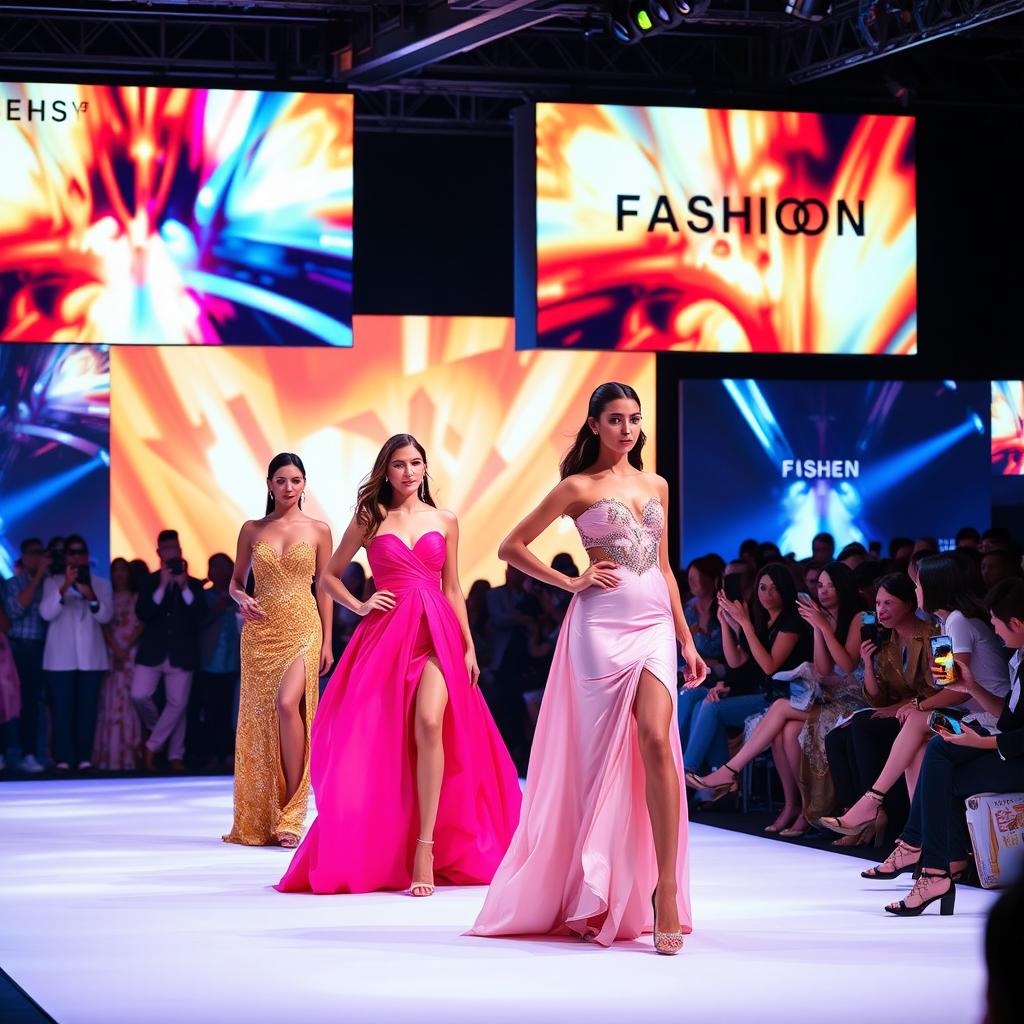 A glamorous showcase event featuring elegant models presenting stunning fashion designs on a brightly lit stage