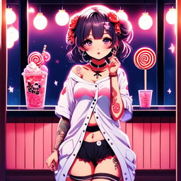 Anime grunge girl with face tattoos and lollipop standing in front of a night-lit bathhouse, dressed in star-reflecting night-linen.