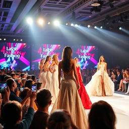 A glamorous showcase event featuring elegant models presenting stunning fashion designs on a brightly lit stage