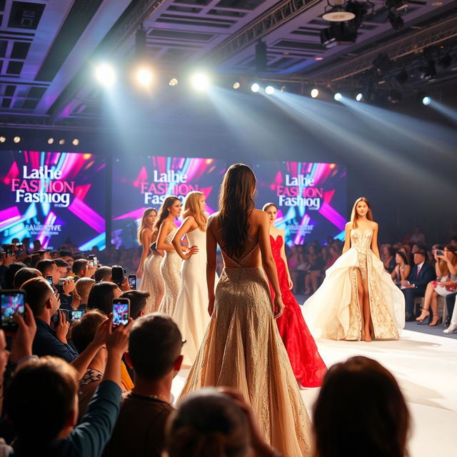 A glamorous showcase event featuring elegant models presenting stunning fashion designs on a brightly lit stage