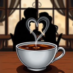 A book cover illustration featuring a close-up of a cup of coffee with a heart-shaped smoke rising from the surface, creating an inviting and romantic aura