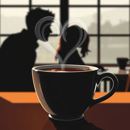 A book cover illustration featuring a close-up of a cup of coffee with a heart-shaped smoke rising from the surface, creating an inviting and romantic aura
