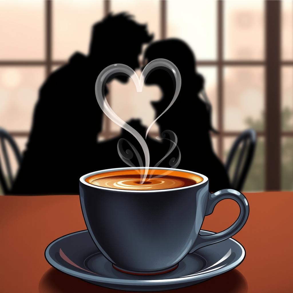 A book cover illustration featuring a close-up of a cup of coffee with a heart-shaped smoke rising from the surface, creating an inviting and romantic aura